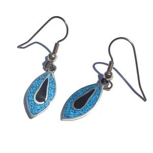 Vintage Alia Mexico Turquoise & Black Onyx Inlay Dangle Earrings Silver Marquise